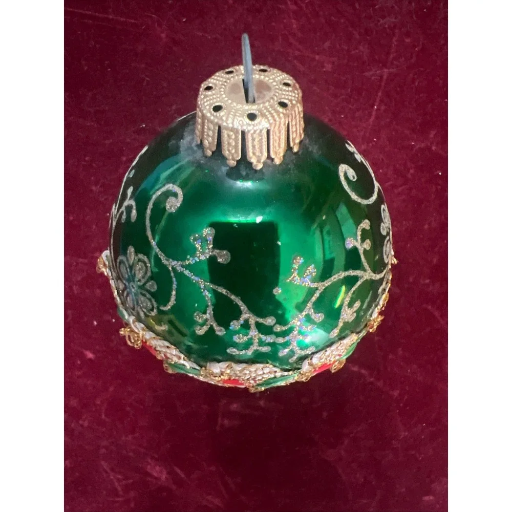 Vintage Green Glass Christmas‎ Ornament Silver Glitter Floral Braided Trim Band